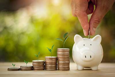 stacks of coins with plants growing out of them and piggy bank